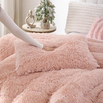 Smoofy Fluffy King Size Comforter Set, Blush Pink Faux Fur Comforter 3 Pcs
