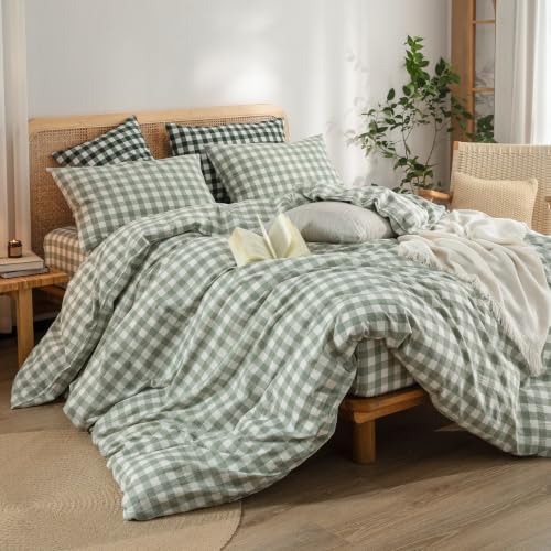 BESTOUCH Gingham Cotton Duvet Cover Set Sage Green Full