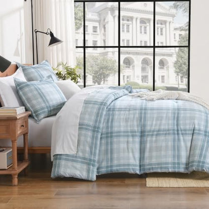 Andency Blue Plaid Comforter Set Full, Gingham Checkered Grid Bedding Set