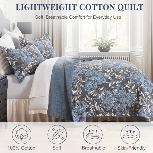 100% Cotton Classic Damask Reversible Queen Size Quilt Set, Blue & White