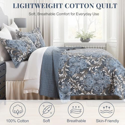 100% Cotton Classic Damask Reversible Queen Size Quilt Set, Blue & White