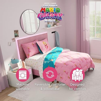 The Super Mario Galaxy Movie Bedding Set, Full Size 7 Piece Set Kids Super Soft Cozy Reversible Comforter and Sheet Set with Sham, Princess Peach (100% Officially Licensed Product) by Franco