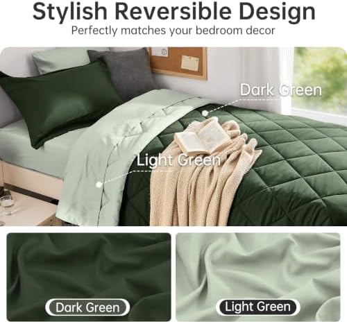 MUXHOMO 5 Pieces Twin XL Comforter Set, Reversible Bed in a Bag Twin XL Size, All Season Bedding Set with Comforter, Flat Sheet, Fitted Sheet, Pillowcases & Shams, Dark Green & Light Green