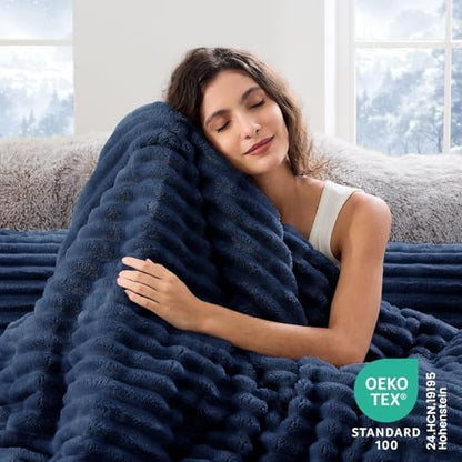 Sasttie Fluffy Queen Comforter Set, 3 PC Soft Fleece Bedding, Marine Blue