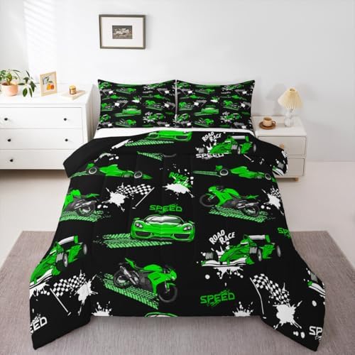 Erosebridal Boys Race Car Comforter Set Blue Green Racing Car Bedding Set Twin Size,Speed Sports Car Comforter Extreme Sports Duvet Insert for Kids Girls Teens Cool Dirt Bike Motocross Quilt