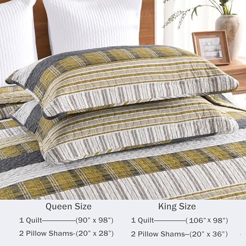 Homzard King Comforter，Cotton King Size Quilt，Amber Green Black Bedding Set，Plaid Striped Bedspread，Lightweight Reversible Coverlet 3 Pieces
