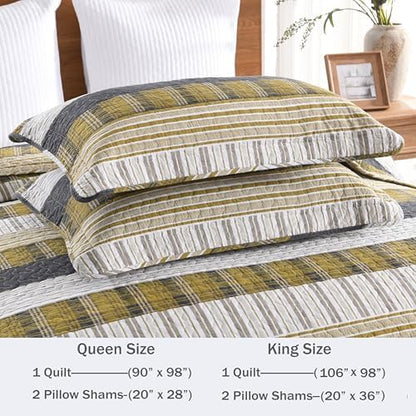 Homzard King Comforter，Cotton King Size Quilt，Amber Green Black Bedding Set，Plaid Striped Bedspread，Lightweight Reversible Coverlet 3 Pieces