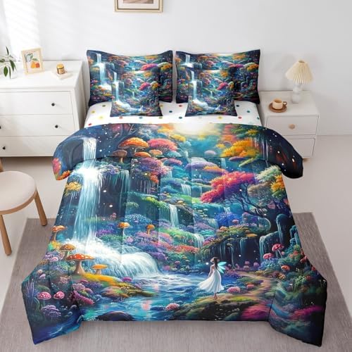 Feelyou Waterfall Comforter Set 7 Pieces Twin Size Moon Landscape Bedding Set for Boys Girls Magical Bed in a Bag with Comforter, Sheets, Pillowcases & Cushion Covers