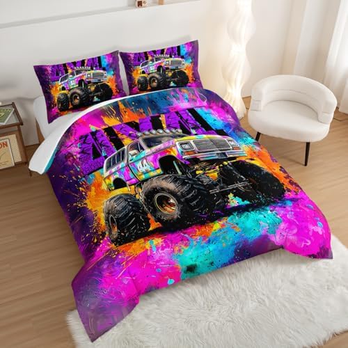 Kids Cool Truck Comforter Set Queen Size with 2 Pillowcases.