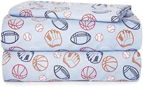 Heritage Kids 4-Piece Full Sheet Set – Sports Print Bedding with Top Sheet, Fitted Sheet & 2 Pillowcases – Soft Microfiber Sheets for Boys Bedroom, Blue, Machine Washable, All Season Comfort