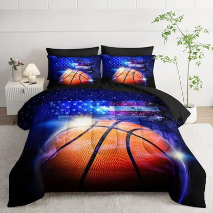 7pcs Sports Comforter Set 3D Basketball Printed Bedding Set with 1 Comforter, 1 Flat Sheet, 1 Fitted Sheet and 4 Pillowcases for Boys and Girls Bedroom (Basketball Full