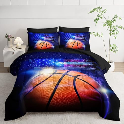 7Pcs Sports Comforter Set 3D Basketball Printed Bedding Set with 1 Comforter, 1 Flat Sheet, 1 Fitted Sheet and 4 Pillowcases for Boys and Girls Bedroom (Basketball Queen