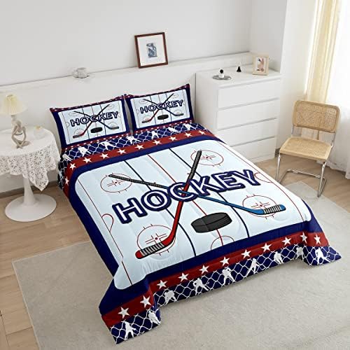 Homewish Ice Hockey Full Size Comforter Set,Ice Hockey Sticks Bedding Set for Adults Teens,Children Winter Sports Comforter Luxury Navy and Red Quilt Set Room Decor 3Pcs