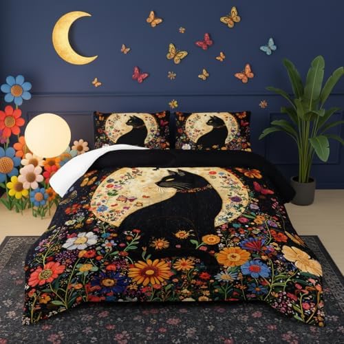 Black Cat Bedding Cartoon Cat Comforter Set Queen，Floral Bedding Queen Size Bed ，with 1 Comforter with 2 Pillow Case
