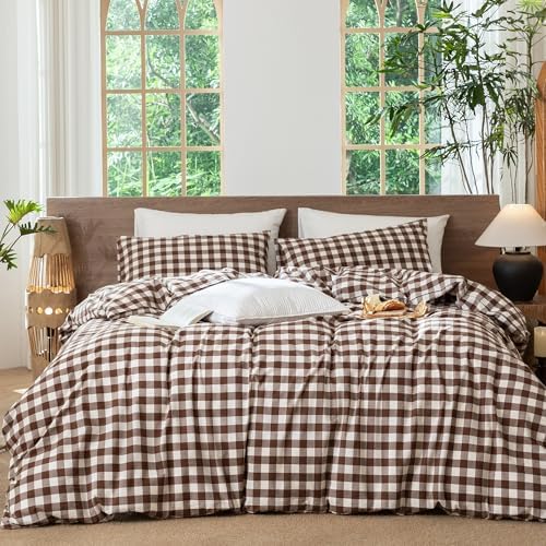 MooMee Gingham Duvet Cover Set 100% Washed Cotton Linen Like