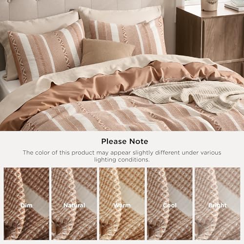 Bedsure PureWoven Boho Striped 100% Cotton Waffle Duvet Cover Set, Queen