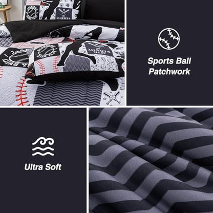 A Nice Night Sports Baseball Comforter Queen Bedding Set for Boys,Black