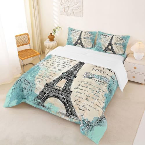 Feelyou Eiffel Tower Comforter Girls Women Bedding Set Queen Size