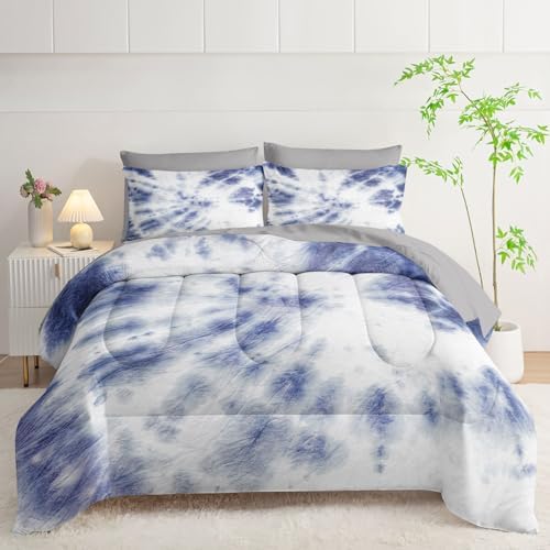 7Pcs Comforter Set Blue Tie Dye Printed Bedding Set with 1 Comforter, 1 Flat Sheet, 1 Fitted Sheet and 4 Pillowcases for Boys and Girls Bedroom All Season(Tie Dye Twin)