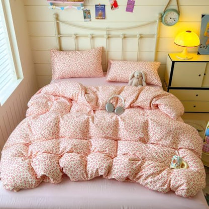 mixinni Pink Leopard Print Duvet Cover Set Queen Size, 3PCs Cute Aesthetic Cheetah Animal Bedding Set, 100% Cotton Double Gauze Soft Retro Cream Leopard Duvet Cover with 2 Pillowcases for Girls Women