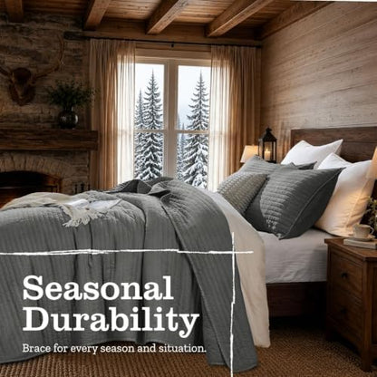 DOWN HOME King Quilt Bedding Set with Shams, Vintage Washed Soft Quilted Blanket Thin Comforter Lightweight Bedspread Coverlet Bed Cover, Brushed Microfiber Stripe Stitching, Ash Gray, 104"x90"