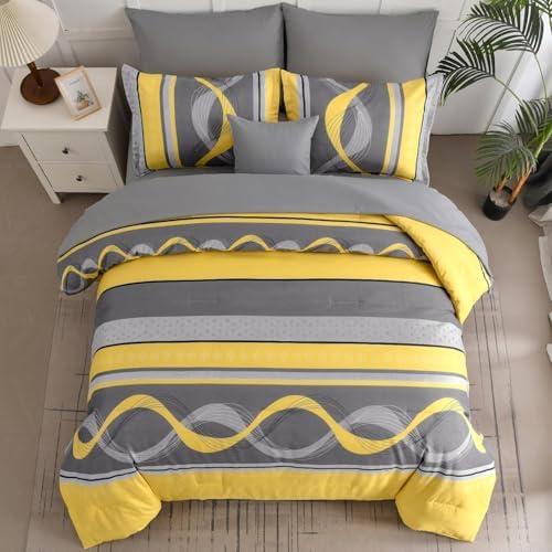 Anibedding Yellow Comforter Set Full Size,8 Pieces Bed in a Bag Patchwork Striped Bedding Sets,Boho Soft Microfiber Bedding Set for All Season(78"×90")