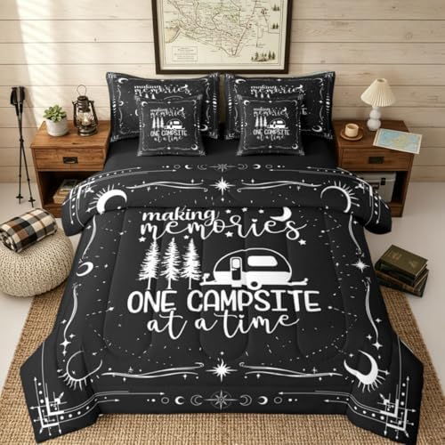 Erosebridal 7 Pieces Camper Decor Bed Sets Full Happy Camping Comforter and Sheets - Rustic Farmhouse Bed in A Bag for Kids Teens Adult, Starry Sky Comforter Camper Car Bedding Sheet Set Pillowcase