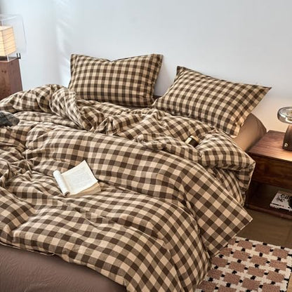 LifeTB Vintage Gingham Duvet Cover King Size, 100% Washed Cotton Brown Beige Plaid Checkered Comforter Cover with 2 Pillowcases, Breathable Grid Farmhouse Gingham Bedding Set for All Seasons