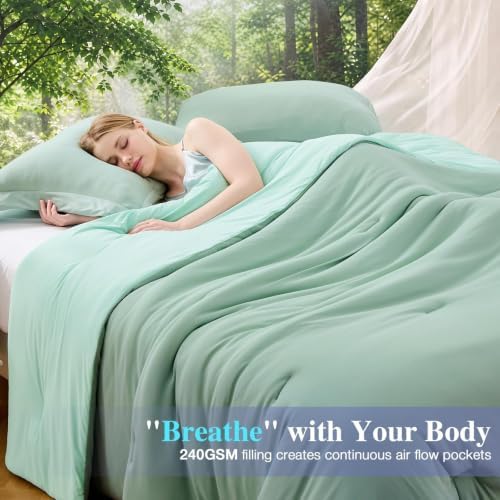 MUXHOMO Cooling Comforter Set Queen Size, Lightweight Summer Comforter for Hot Sleeper, Reversible Bedding with ICY Cooling Surface, Includes 1 Comforter (90"x90") and 2 Shams (20"x 26"), Sage Green