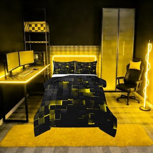 Erosebridal Black Yellow Comforter Set King Neon Geometric Checkered Bedding Set for Kids Adults Abstract Stereoscopic Grids Quilt Square Plaid Bed Set 3 Pcs Gamer Room Decor