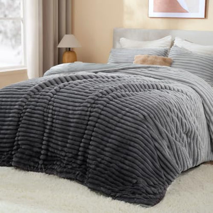 BEDELITE Fleece Queen Comforter Set, Fluffy Bed Set, Grey Ombre