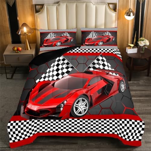 Feelyou Race Car Comforter Set for Kids Boys Black White Checkered Flag