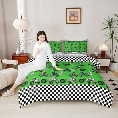 Feelyou Dirt Bike Comforter Set All Season Racing Motocross Rider Bedding Set with 2 Pillow Cases Motorbike Kids Queen Bedclothes Extreme Sports Decor Motorcycle Duvet Quilt Soft Lightweight
