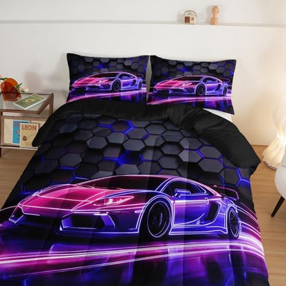 HOSIMA Hexagon Geometric Race Car Full Comforter Set with 2 Pillowcases.