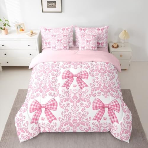 Pink Bowknot Bed in a Bag Queen Comforter Set 7 Piece,Bohemian Exotic Damask Sheet Set,Cute Ribbon Bow Knot Bedding Set,Girly Kawaii Bed Set Antique Victorian Vintage Floral Pink Bedroom Decor