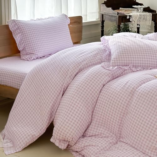 NSNLGSGC Purple Gingham Ruffle King Duvet Cover