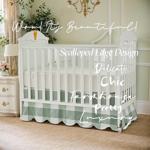 Brandream Scallop Edge Cotton Crib Skirt Toddler Bedskirt Baby Nursery Crib Bed Skirt Boho Bohemian Neutral Solid Color Sage Green Buffalo Plaid Gingham Farmhouse Chic Bedding Skirt