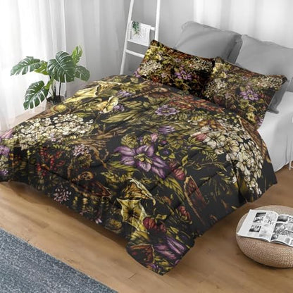 Pamnest Comforter Set Full Size, Vintage Flower Plants Soft 3 Pcs Bedding for Kids and Adults, Skull Moth Witch Comforter Set with 2 Pillowcases, for Bedroom Bed Decor