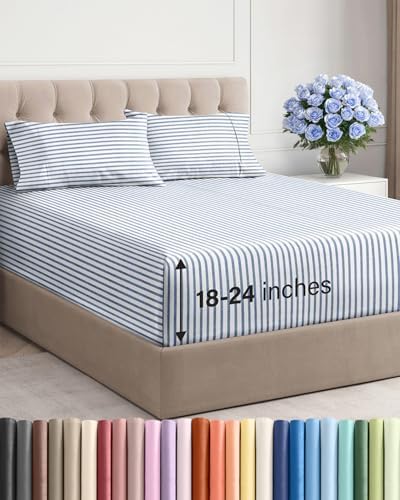 Extra Deep Cal King Sheet Set - 4 Piece Breathable & Cooling - Blue Stripes