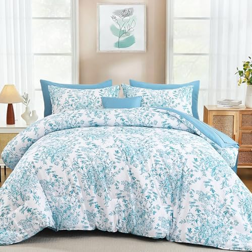 Queen Size Comforter Set 8 Pieces Aqua Floral Bed in a Bag Comforter Sets