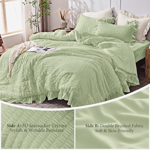 JOLLYVOGUE Sage Green Comforter Full Size, 3 Pieces Seersucker Lightweight Full Size Bedding, All Season Fluffy Microfiber Bedding Comforter Set with 1 Ruffle Comforter and 2 Ruffle Pillowshams