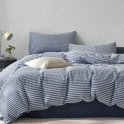 JELLYMONI 100% Cotton Printed Striped Queen Duvet Cover Set, Navy Blue