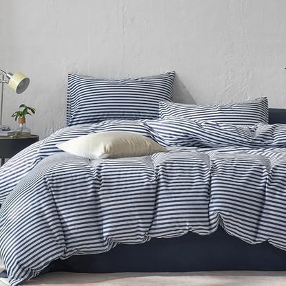 JELLYMONI 100% Cotton Printed Striped Queen Duvet Cover Set, Navy Blue