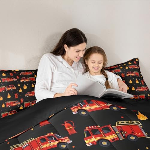 Erosebridal Fire Truck Bedding Set King for Boys, Cartoon Red Firemen Car Comforter Set for Firefighter Room Decor, Black and Red Comforter, Fire Engine Quilt with 2 Pillowcase, 3 Pcs