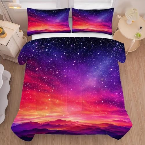 Galaxy Comforter Set Twin Size Space Bedding for Girls Boys Kids Red Gradient Starry Sky Glitter Star Bedroom Decor Quilt Bed Sets, 1 Comforter 1 Pillowcase
