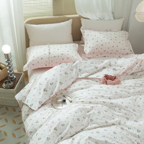 Vintage Floral Comforter Set Full Size Garden Style Pink Floral Bedding Set Aesthetic Cottagecore Flowers Botanical Comforter Set with 2 Pillowcases Fluffy Lightweight Bedding Set for All Seasons