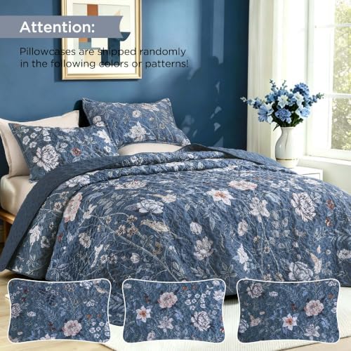 Litanika Floral Navy Quilt Queen - 3Pcs Botanical Birds Bedding Set