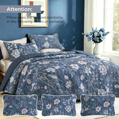 Litanika Floral Navy Quilt Queen - 3Pcs Botanical Birds Bedding Set