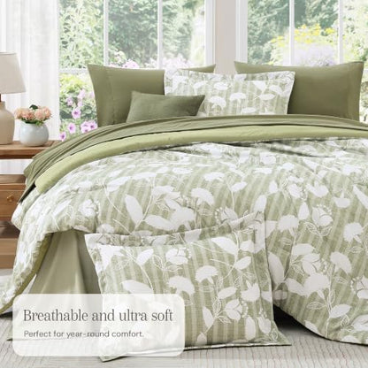 BLOOMHAVEN Full Size Comforter Sets-7 Pieces Sage Floral Bed in a Bag