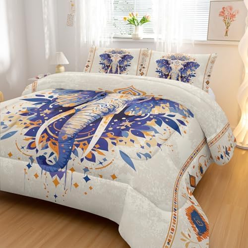 Nttopship Ethnic Elephant Comforter Bedding Set with 2 Pillowcase King Size Wild Animals Comforter Set for Kids Boys Girls Bedroom Decor